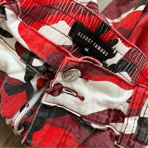 red, black & white camo print cargo pants